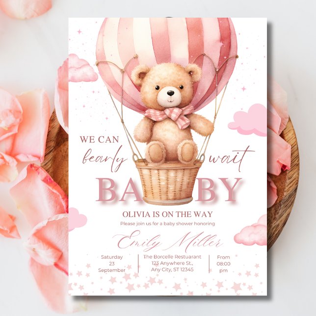 Teddy Bear Balloon Girl Bearly Wait Baby Shower Invitation (Creator Uploaded)