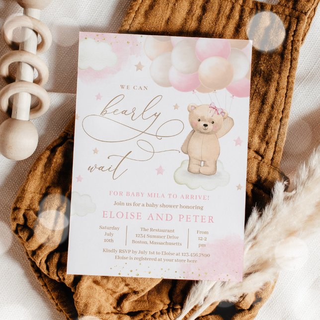 Teddy Bear Balloon Girl Bearly Wait Baby Shower Invitation (Creator Uploaded)