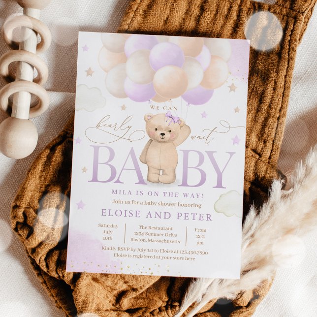 Teddy Bear Balloon Girl Bearly Wait Baby Shower Invitation (Creator Uploaded)