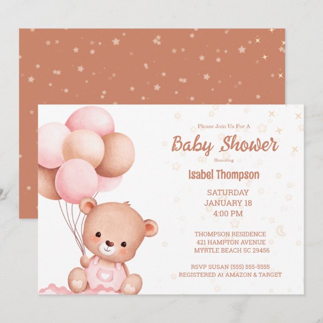   Teddy Bear Balloon Girls  Baby Shower Invitation (Front/Back)