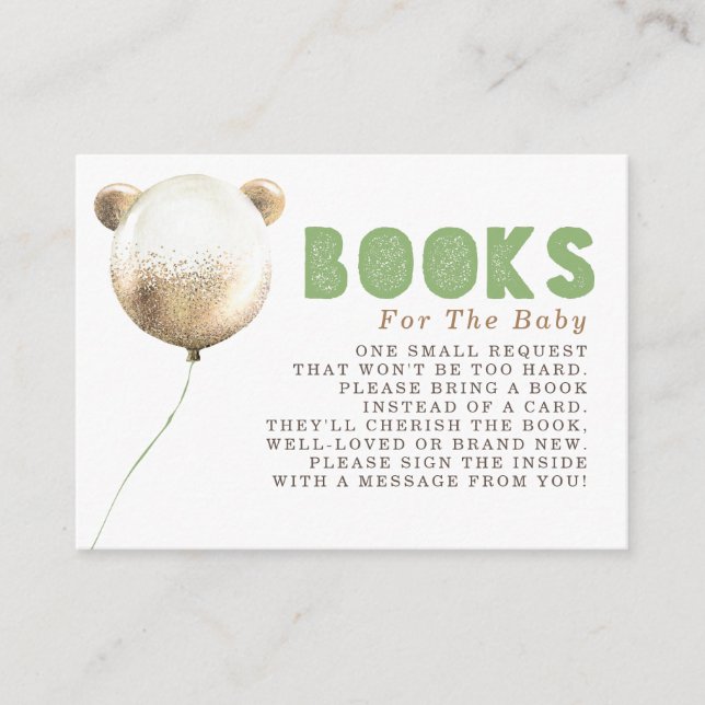Teddy Bear Balloon Gold Brown Books Request Enclosure Card (Front)