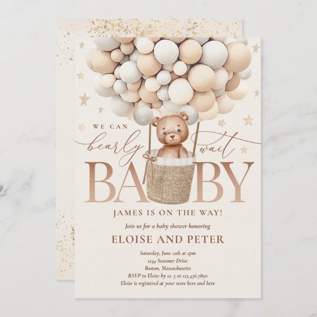 Teddy Bear Balloon Neutral Bearly Wait Baby Shower Invitation (Front/Back)