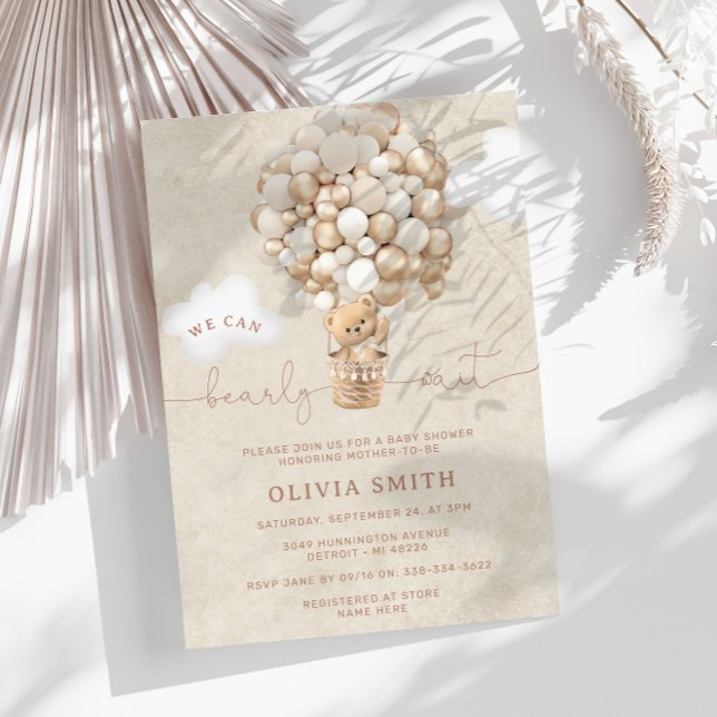 Teddy Bear Balloon Neutral Bearly Wait Baby Shower Invitation (Creator Uploaded)