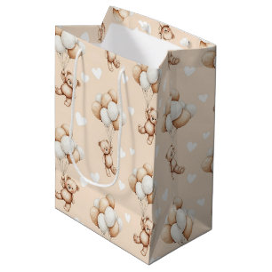 Teddy Bear Balloon Neutral Watercolor Pattern Medium Gift Bag