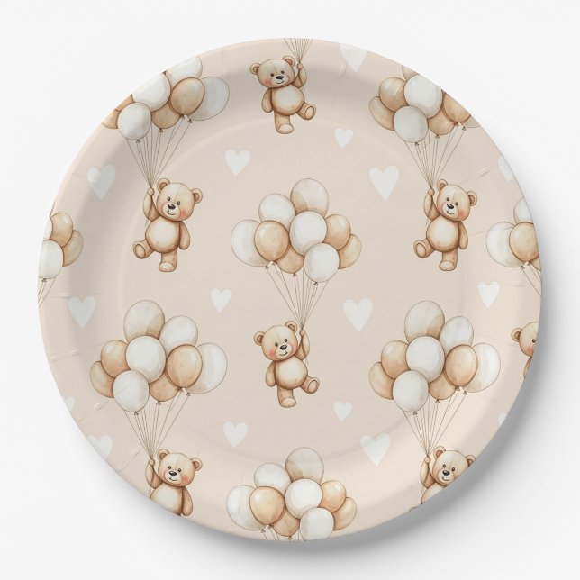 Teddy Bear Balloon Neutral Watercolor Pattern Paper Plate (Front)