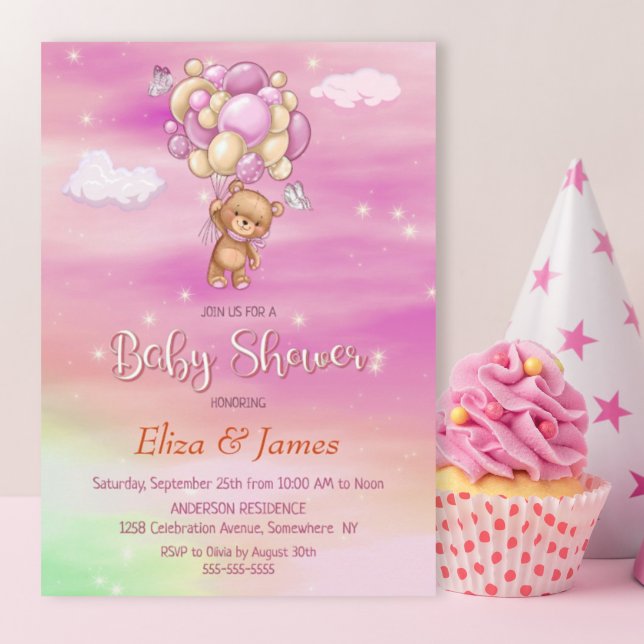 Teddy Bear Balloon Pink Baby Shower Invitation (Creator Uploaded)