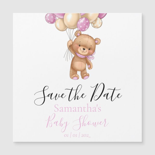 Teddy Bear Balloon Pink Baby Shower Save the Date (Front)