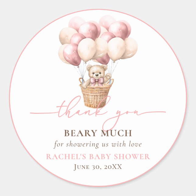 Teddy Bear Balloon Pink Baby Shower Thank You Classic Round Sticker (Front)
