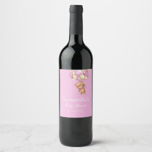 Teddy Bear Balloon Pink baby shower Wine Label