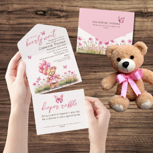 Teddy Bear Balloon Pink Butterfly Girl Baby Shower All In One Invitation
