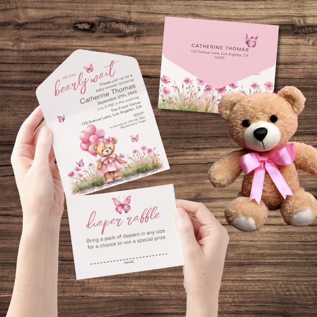 Teddy Bear Balloon Pink Butterfly Girl Baby Shower All In One Invitation (Creator Uploaded)