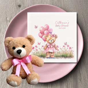 Teddy Bear Balloon Pink Butterfly Girl Baby Shower Napkin