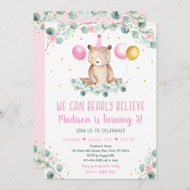 Teddy Bear Balloon Pink Gold Greenery Birthday Invitation (Front/Back)