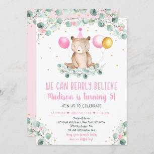 Teddy Bear Balloon Pink Gold Greenery Birthday Invitation