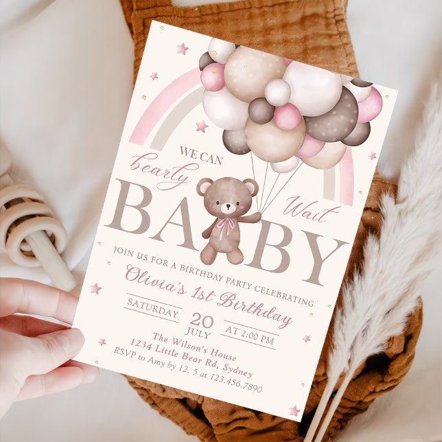 Teddy Bear Balloon Pink Rainbow Birthday Invitation (Creator Uploaded)