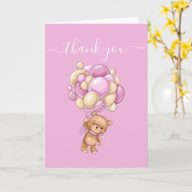 Teddy Bear Balloon PINK Thank You  Card (Yellow Flower)