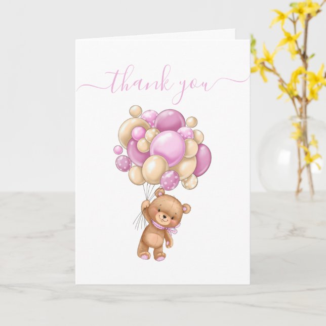 Teddy Bear Balloon PINK White Thank You  Card (Yellow Flower)