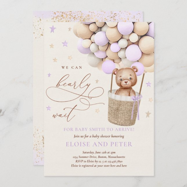 Teddy Bear Balloon Purple Bearly Wait Baby Shower Invitation (Front/Back)