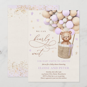 Teddy Bear Balloon Purple Girl Baby Shower Invitation