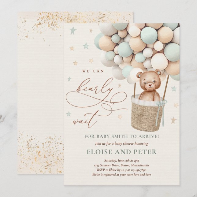 Teddy Bear Balloon Sage Green Bear Baby Shower Invitation (Front/Back)