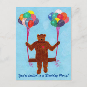 Teddy Bear Balloon Swing Birthday Invite Postcards