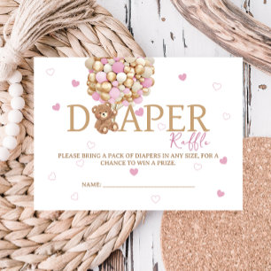 Teddy Bear Balloon Themed Diaper Raffle Pink Enclosure Card
