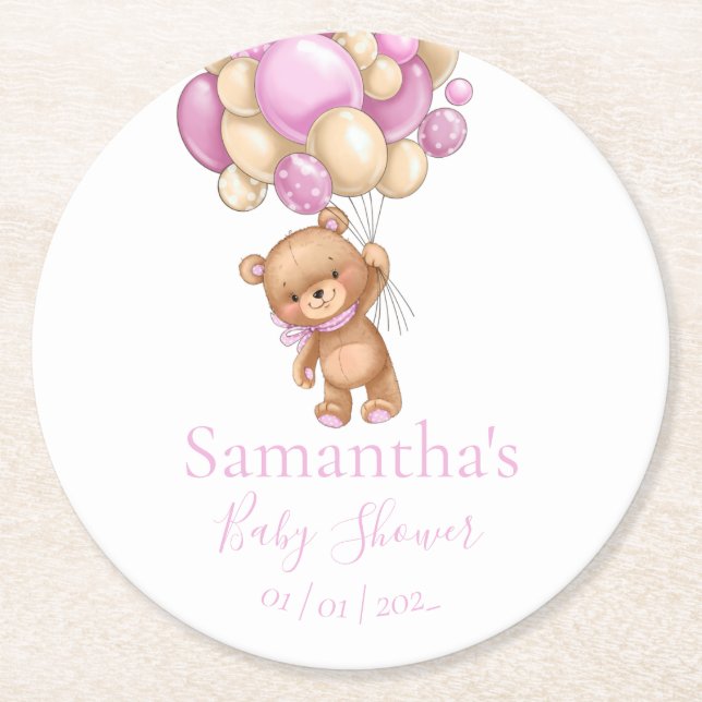 Teddy Bear Balloon White Pink baby shower  Round Paper Coaster (Front)