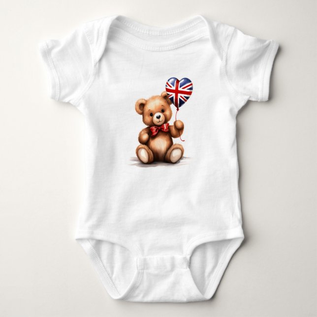 teddy bear & balloon with the Union Jack. Baby Bodysuit (Front)