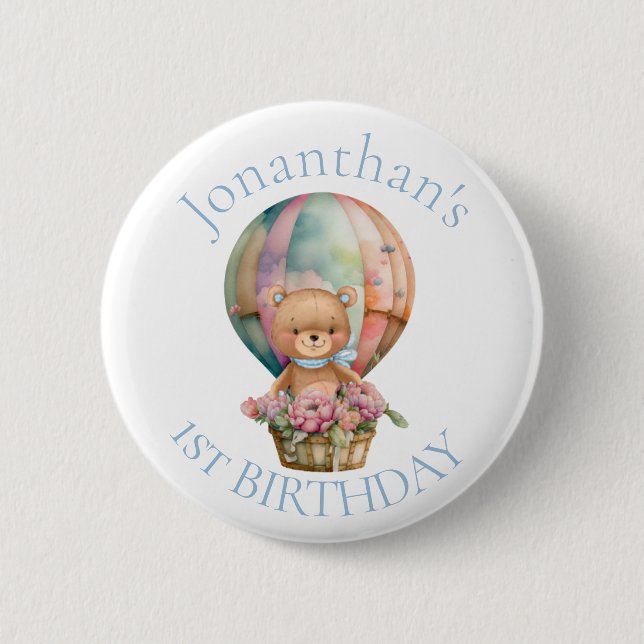 Teddy Bear  Balloons 1st Birthday  Button (Front)