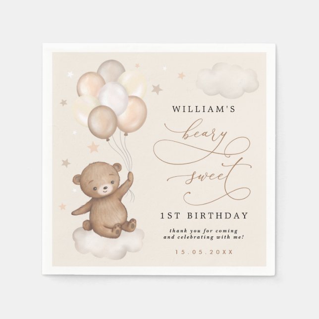 Teddy Bear & Balloons Apricot Cream Brown Birthday Napkin (Front)