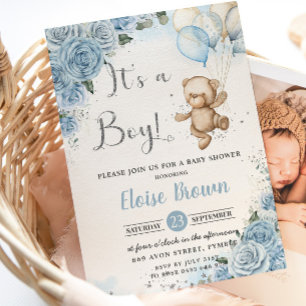Teddy Bear Balloons Baby Blue Floral Boy Shower  Invitation