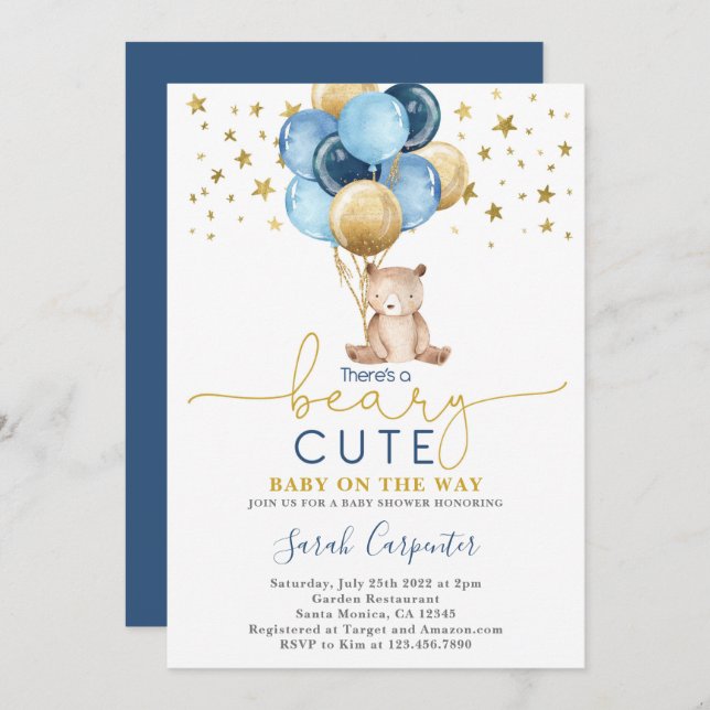 Teddy Bear Balloons Baby Shower Boy Invitation (Front/Back)