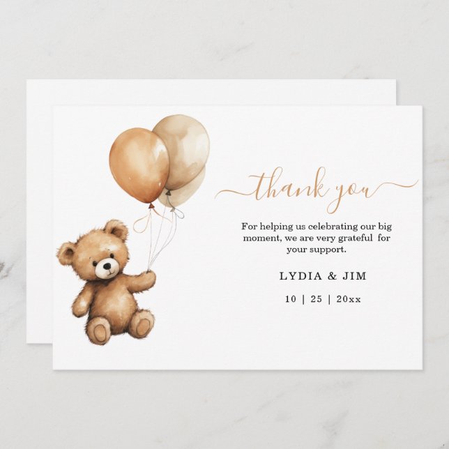 Teddy bear Balloons baby shower Gender neutral  Thank You Card (Front/Back)