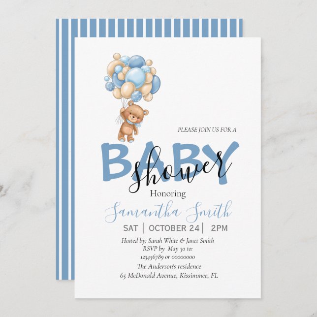 Teddy Bear Balloons Baby Shower Invitation (Front/Back)