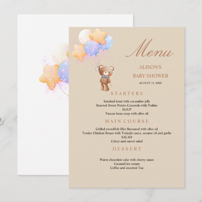  Teddy Bear Balloons Baby Shower Menu (Front/Back)