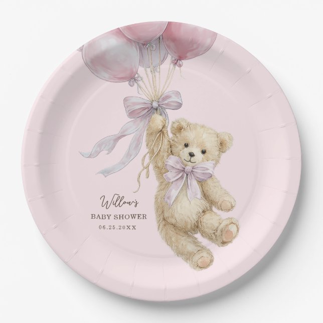 Teddy Bear Balloons Baby Shower Paper Plates (Front)