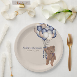 Teddy Bear & Balloons Bearly Wait Blue Baby Shower Paper Plate