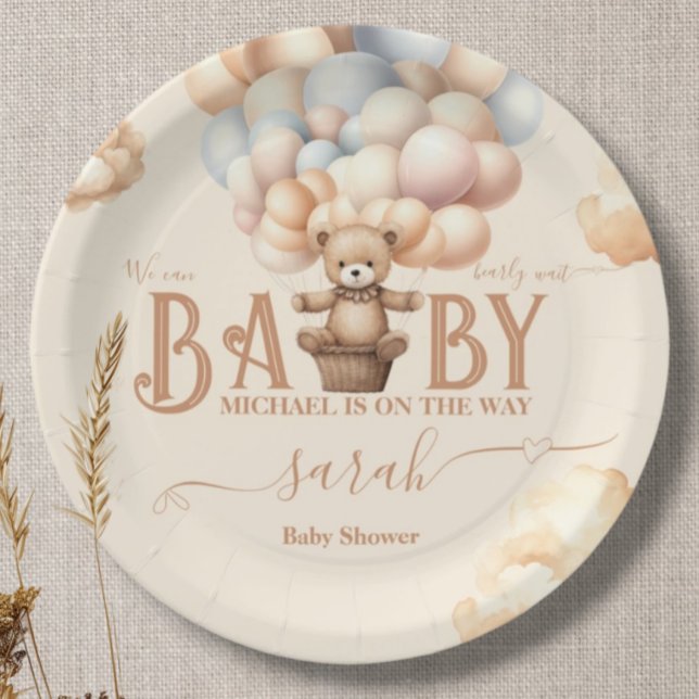 Teddy Bear Balloons Bearly Wait Gender Neutral Paper Plate (Creator Uploaded)