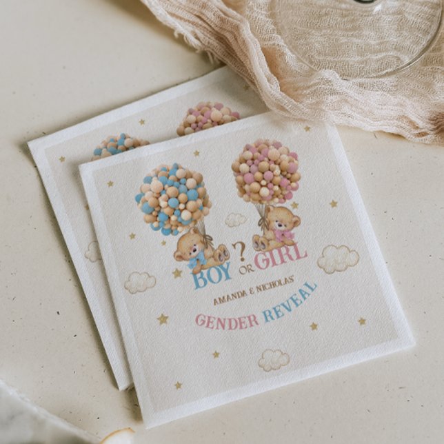 Teddy Bear Balloons Bearly Wait Gender Reveal  Napkin (Creator Uploaded)