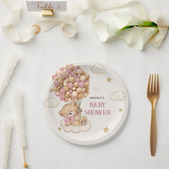 Teddy Bear balloons Beige Pink  Baby Shower Paper Plate (Wedding)