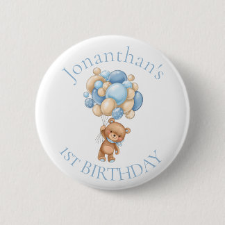 Teddy Bear  Balloons Blue 1st Birthday  6 Cm Round Badge
