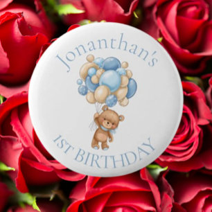Teddy Bear  Balloons Blue 1st Birthday  6 Cm Round Badge
