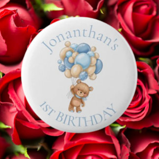 Teddy Bear  Balloons Blue 1st Birthday  6 Cm Round Badge