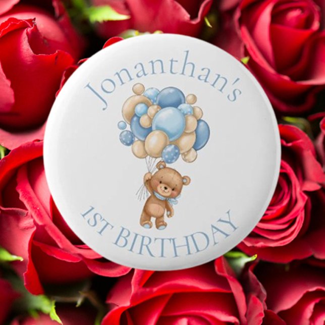 Teddy Bear  Balloons Blue 1st Birthday  6 Cm Round Badge (Celebrate your baby's first birthday with an adorable blue teddy bear balloons button)