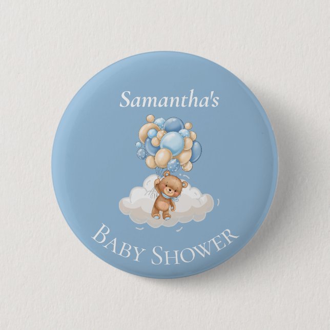Teddy Bear  Balloons Blue Baby Shower  Button (Front)