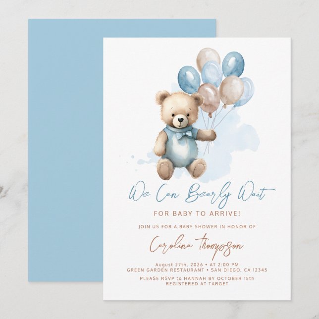 Teddy Bear Balloons Blue Boy Baby Shower  Invitation (Front/Back)