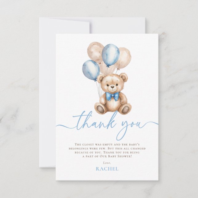 Teddy Bear Balloons Blue Boy Baby Shower Thank You Card (Front)