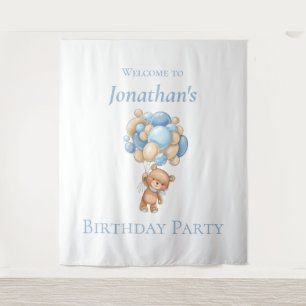Teddy Bear  Balloons Blue Boy Birthday backdrop Tapestry