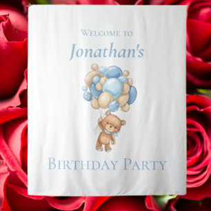Teddy Bear Balloons Blue Boy Birthday backdrop Tapestry