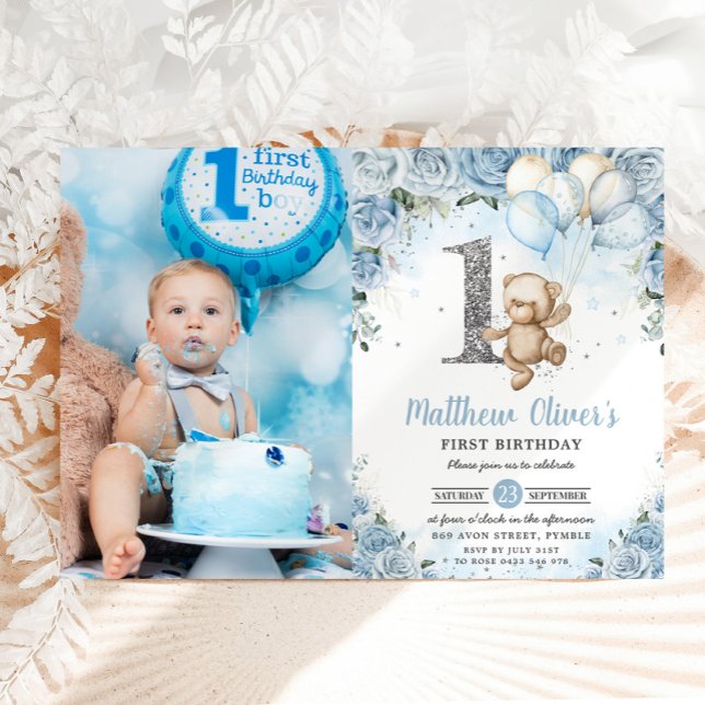 Teddy Bear Balloons Blue Floral 1st Birthday Photo Invitation (Creator Uploaded)
